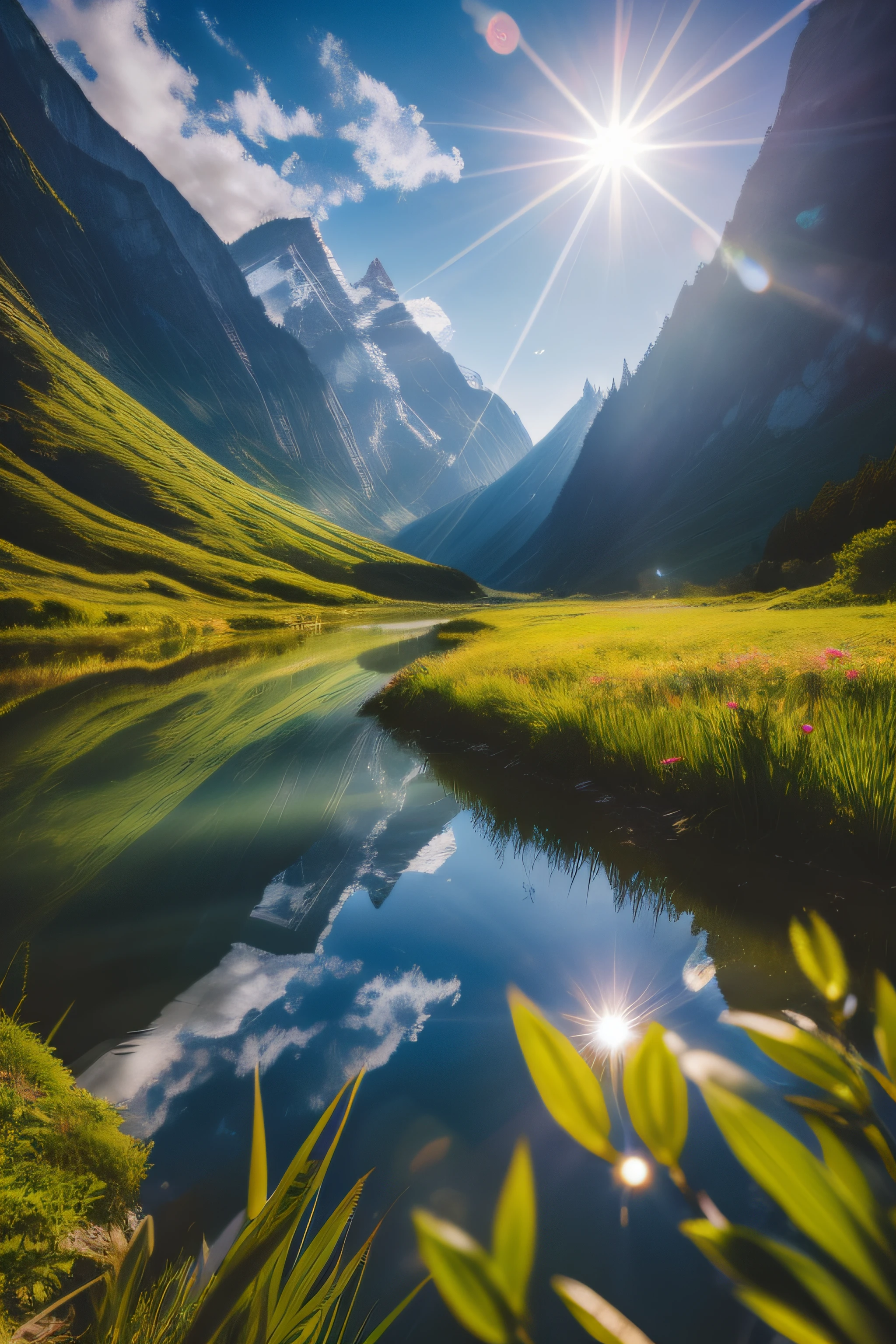 "Highly detailed RAW color Photo, Rear Angle, a stunning high-resolution landscape with majestic clouds towering overhead, accompanied by a mesmerizing lens flare, (mountains:1.1), (lush green vegetation),  (highly detailed, hyperdetailed, intricate), (lens flare:0.7), (bloom:0.7), particle effects, raytracing, cinematic lighting, shallow depth of field, photographed on a Sony a9 II, 50mm wide angle lens, sharp focus."