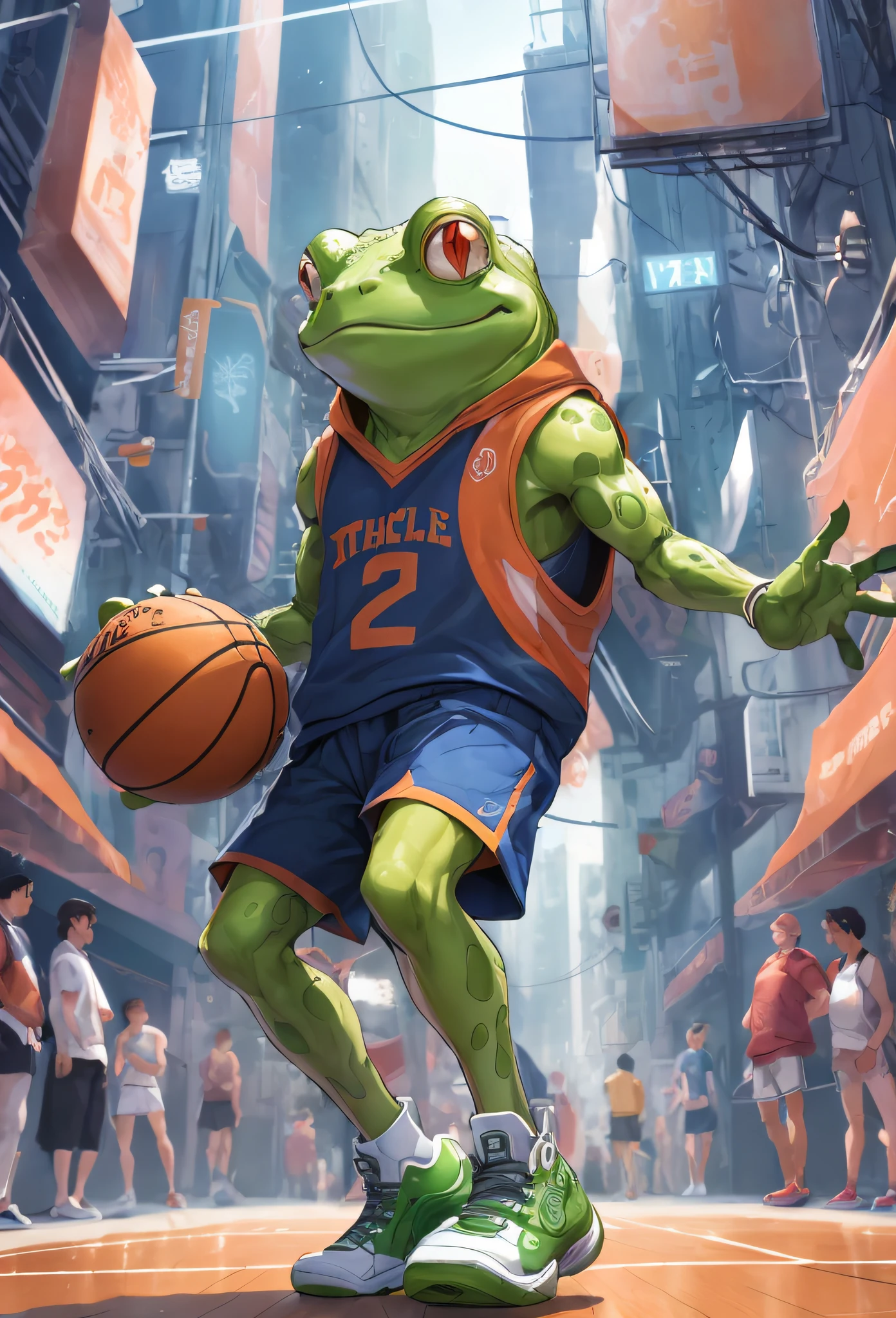 A close up of a cartoon frog with a basketball ball in his hand - SeaArt AI