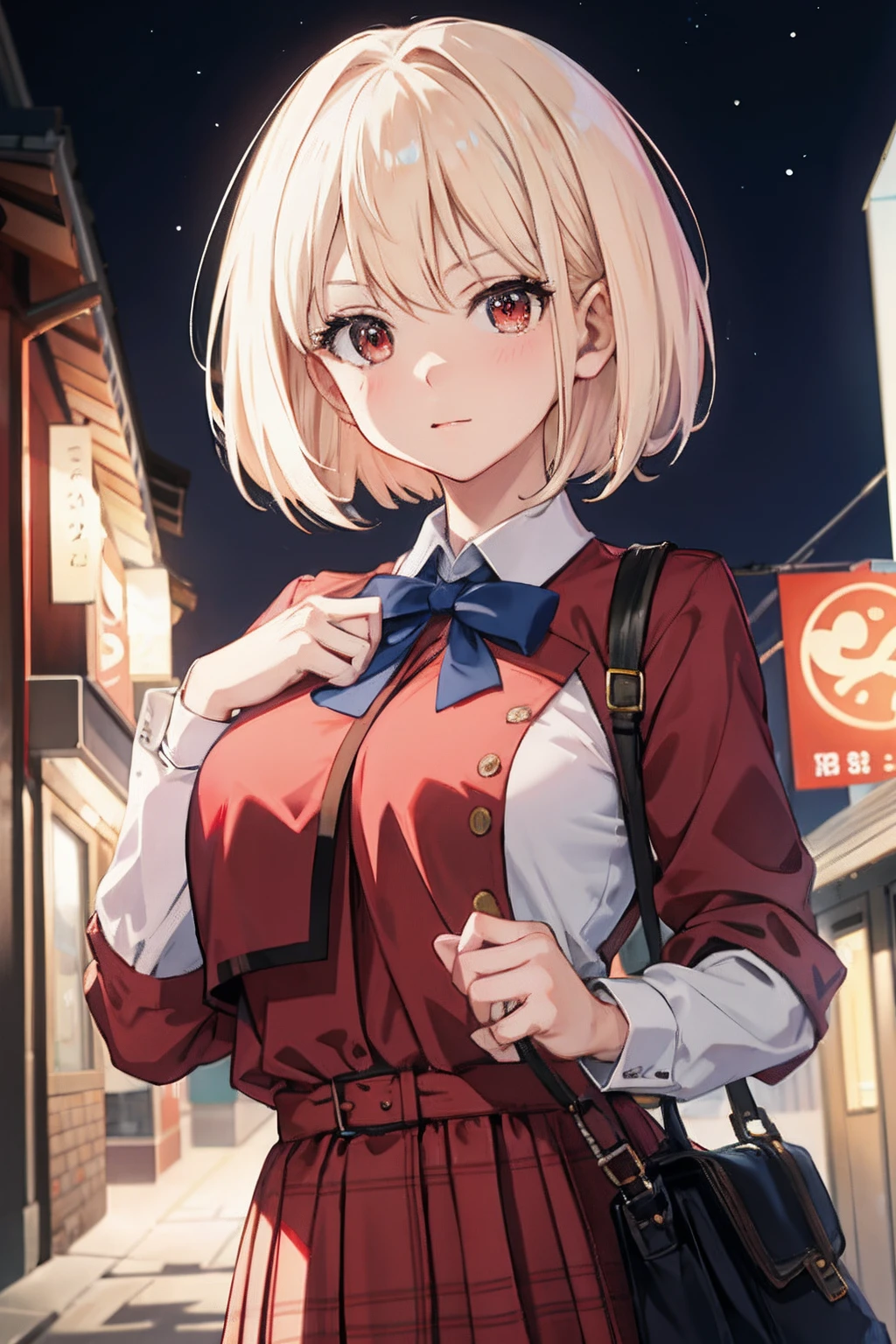 ​masterpiece, city alley at night, upper body, from front, looking at viewer, center of the image, focused in chest and face, large breasts, huge breasts, top-quality, Chisato Nishikiki、Platinum Blonde Hair、Anime girl with red eyes,bob cuts,Anime visuals of cute girls,Smooth Anime、an anime girl、hi-school girl、Plaid uniform、long-sleeve, Plaid Dresses,