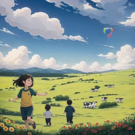 anime scene of a girl and two boys running and playing in a steppe ranch,there are cows grazing in the distance of the pasture，h...