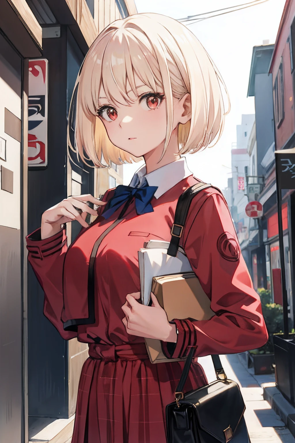 ​masterpiece, city alley at night, upper body, from front, looking at viewer, center of the image, focused in chest and face, large breasts, huge breasts, top-quality, Chisato Nishikiki、Platinum Blonde Hair、Anime girl with red eyes,bob cuts,Anime visuals of cute girls,Smooth Anime、an anime girl、hi-school girl、Plaid uniform、long-sleeve, Plaid Dresses,