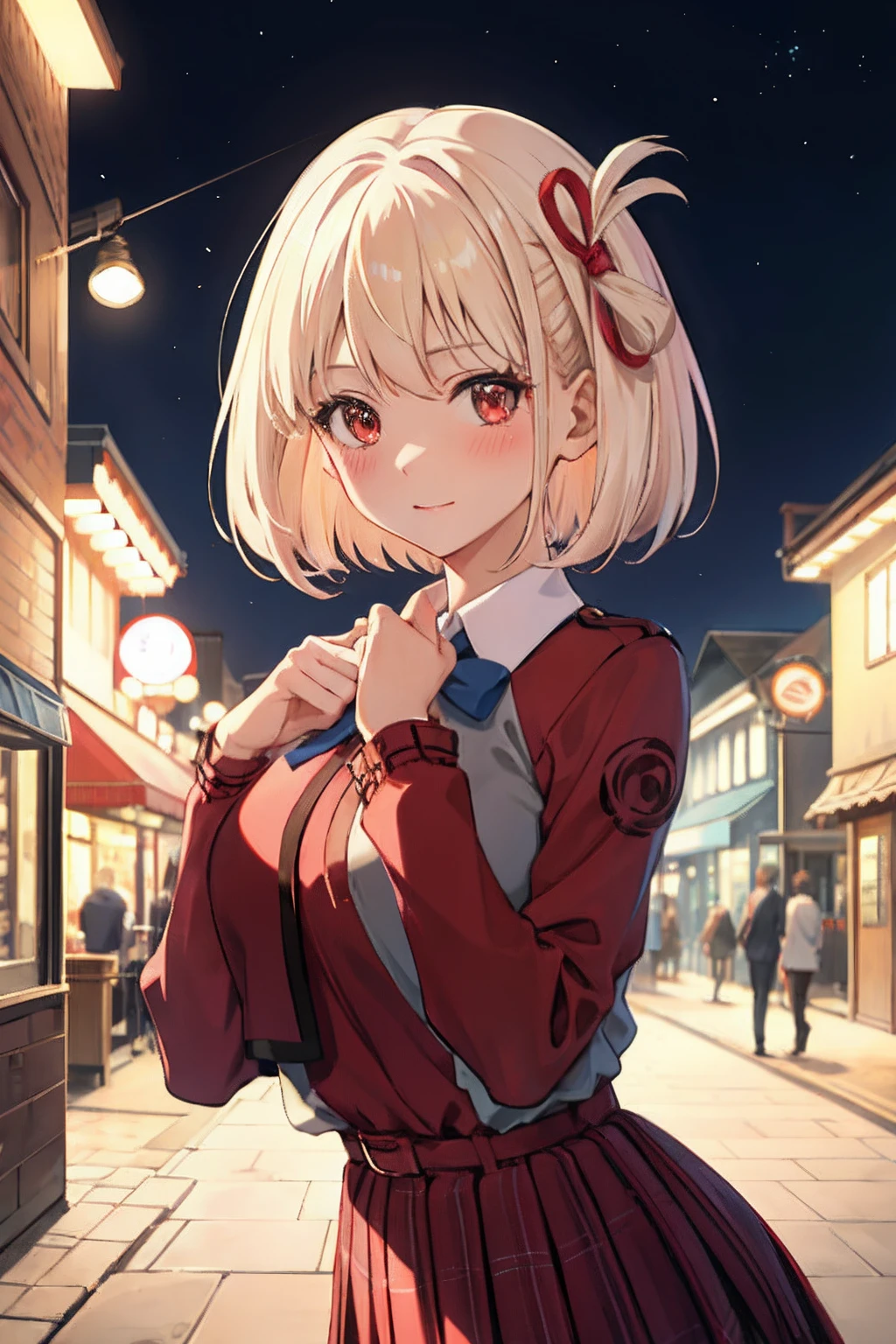​masterpiece, city alley at night, ((blushing)), ((lewd expression)), hearts in the eyes, upper body, from front, looking at viewer, center of the image, focused in chest and face, large breasts, huge breasts, top-quality, Chisato Nishikiki、Platinum Blonde Hair、Anime girl with red eyes,bob cuts,Anime visuals of cute girls,Smooth Anime、an anime girl、hi-school girl、Plaid uniform、long-sleeve, Plaid Dresses,