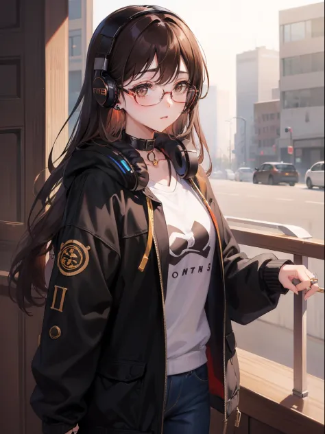 1人の女性、brown haired(Curta)、Brown eyes、Black-rimmed glasses、Ring piercing of the earlobe、headphones、Listen to the music