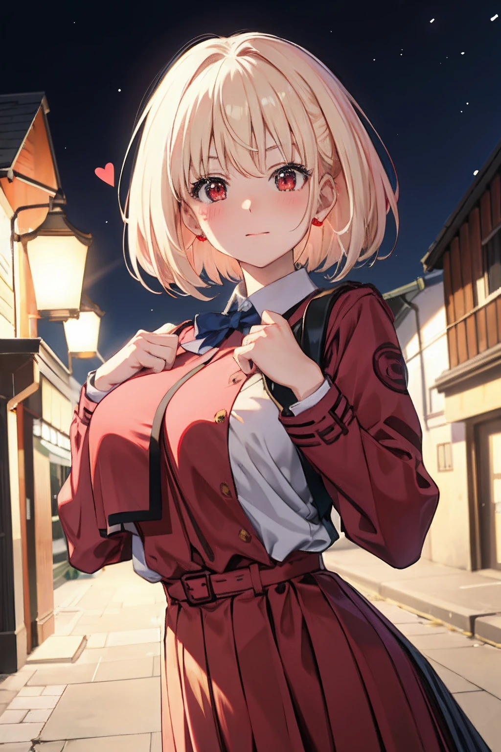 ​masterpiece, city alley at night, ((blushing)), ((lewd expression)), hearts in the eyes, upper body, from front, looking at viewer, center of the image, focused in chest and face, ((large breasts)), (huge breasts), top-quality, Chisato Nishikiki、Platinum Blonde Hair、Anime girl with red eyes,bob cuts,Anime visuals of cute girls,Smooth Anime、an anime girl、hi-school girl、Plaid uniform、long-sleeve, Plaid Dresses,