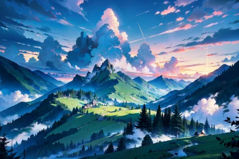 style of anime，eventide，evening sky，mountain ranges，surrounded by cloud，Green meadows and forests，beautiful sky，Beautiful landscape