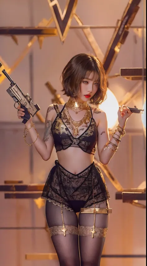 1girl, masterpiece, ultra details, 70mm lens, bob hair, short hair, black tank top crop, gold necklace, gold cross necklace pendant, charm bracelet, black panties, holding a gun, red lips, tatto in breast, tiny tits, line pussy,