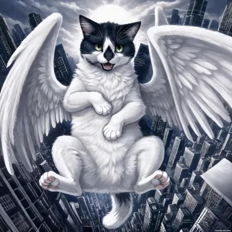 Leo, black and white cat, green eyes,  flying, in a magical eldritch city, white wings on his back, mouth open, front view, feral cat,