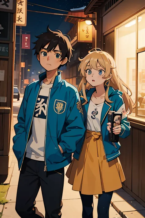 Drawing of a man and a woman, romantic, man in a gray jacket and jeans, teal undershirt, anime style character, full body portra...