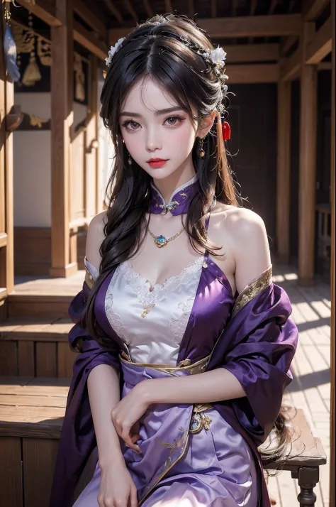 1 beautiful Van Hi girl in hanfu dress, A 27-year-old girl with an old lady's face, korean-doll, Thin purple silk shirt，Multi-wh...