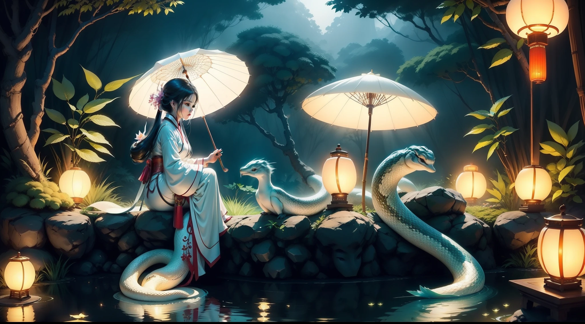 Beautiful snake girl，Snake tail，sitting on the stone，White delicate Hanfu，Holding an umbrella，Lanterns，bamboo forrest，Lodge，Fluorescence，A bird that can fly，Small animals，