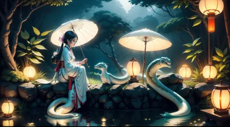 Beautiful snake girl，Snake tail，sitting on the stone，White delicate Hanfu，Holding an umbrella，Lanterns，bamboo forrest，Lodge，Fluo...