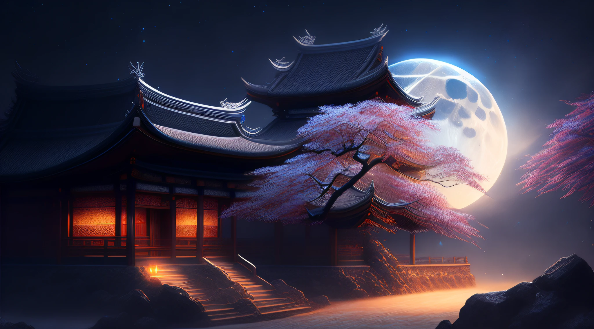 1 The man holds a long sword：1.5，Surreal CG rendering ancient China，Jiangnan ancient buildings and ancient towns have Yaolin wonderland。the night，the huge moon，The stars are bright，The smoke is fascinating，Maple leaves and milk leaves are trees。snow landscape。k hd，Jordan Nelson and Shen Mingchen. trending on artstationh. Black scales . lighting, Epic, 8K, Highly detailed, Centered, symetry, picure, Intricate,deep dark background，gradient backgrounds，toplight， voluminetric lighting, Beautiful, rich deep colors masterpiece, Sharp focus, Ultra detailed, in the style of dan mumford and marc simonetti, astrophotography