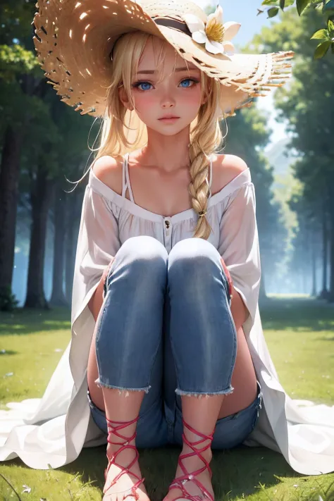 1girl, white transparent summer outfit, jeans shorts, straw hat, bare feet, blonde hair, blue eyes, full body, Style-Petal, trees background, sunny day, perfect eyes, perfect hands, ultra high res, cinematic angle, professional lighting, best quality, mast...