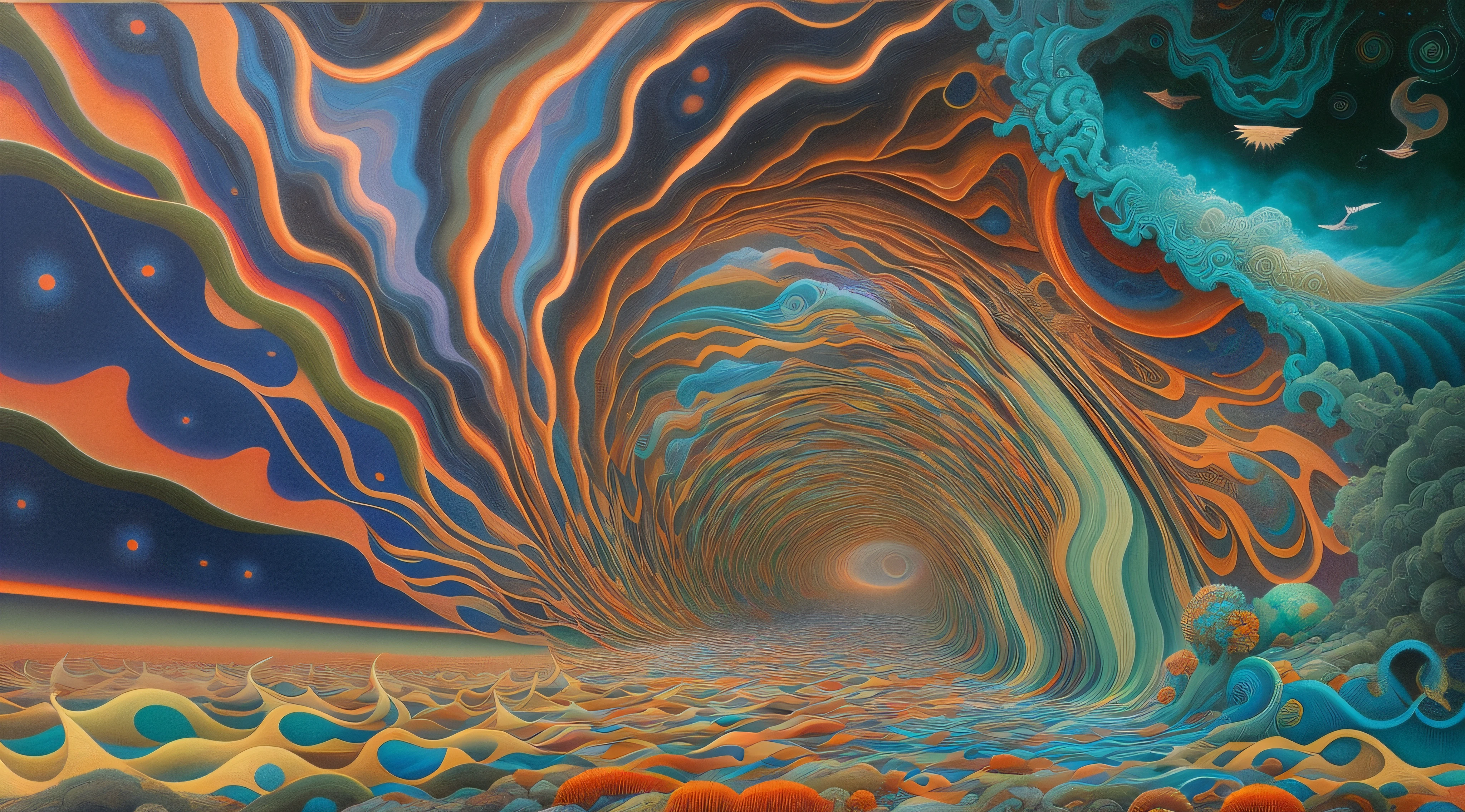 painting of a tunnel with a blue and orange swirl and a blue sky, surreal oil on canvas, swirling scene, por Amanda Sage, Whirlwind scene in the forest, Psychedelic painting, psychedelic surreal art, Painting of a dreamlike landscape, Portal para outro universo, psychedelic waves, pintura surreal, surreal oil painting, infinite psychedelic waves, beksiński and james jean