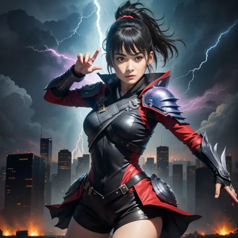 The background is a city,1girl in,Solo,Full body,Illustration,Ninja costume,Picture,Aura of thunder and lightning.Fighting,detai...