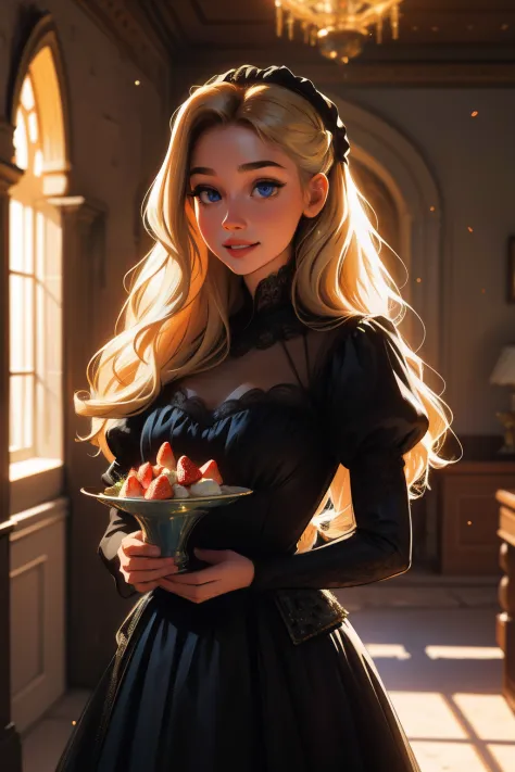 Highly detailed RAW color photo, 15 years old Virginia Otis in a victorian sexy dress, pixar style, in the style of bright 3D objects, She has a cartoon smile, tanned skin and rosy cheeks, a social contest winning photograph, a long strawberry, she holds t...