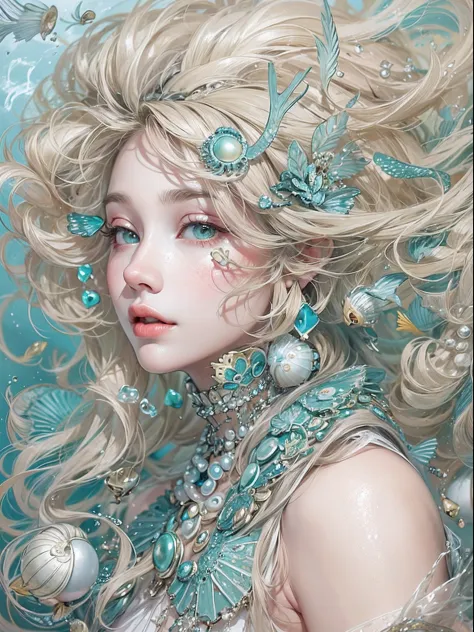 offcial art, Unity 8k壁纸, Ultra-detailed, Beautiful and aesthetically pleasing, tmasterpiece, best qualityer, (zentangle, datura, clew, meshing), (s fractal art: 1.3), 1 mermaid, (Blonde hairstyle: Long hair) Ocean, Extremely detailed, dynamic angle, Cowboy...