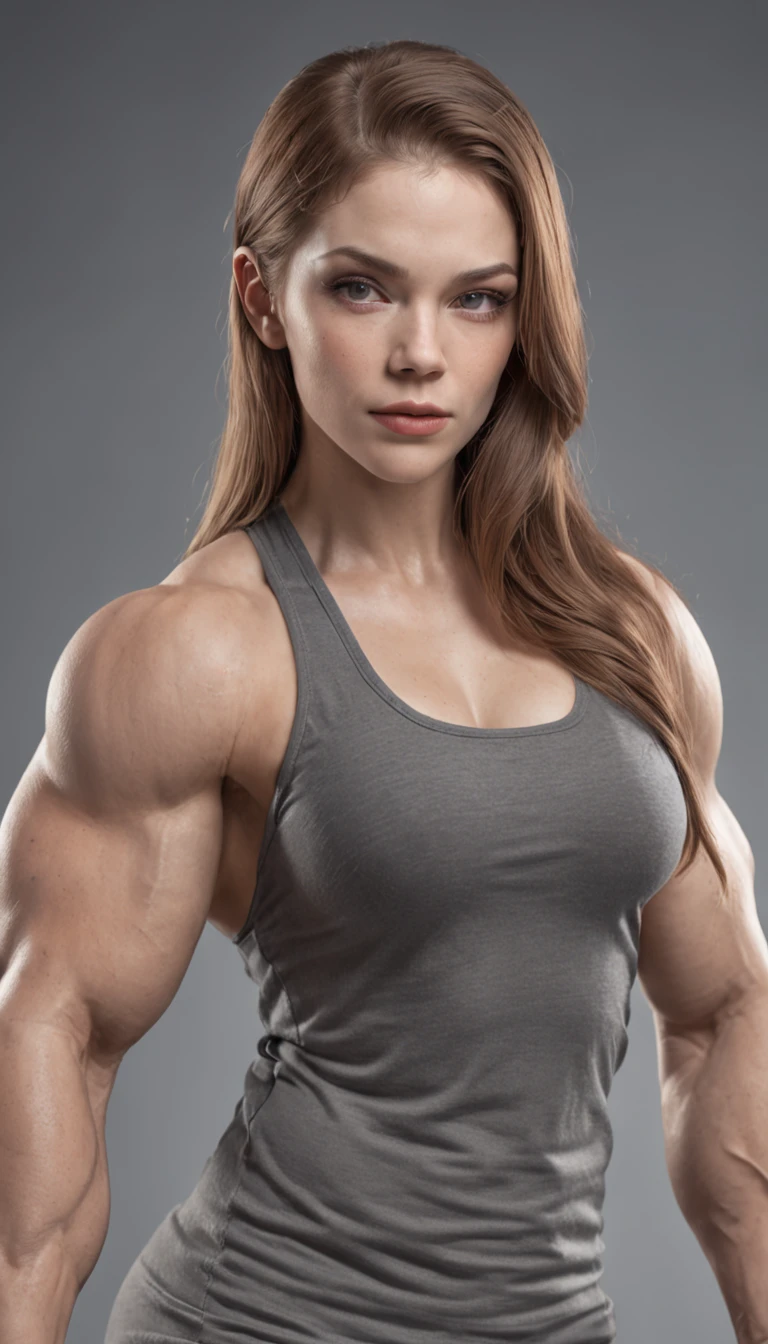 Creates a hyper-realistic image of a female bodybuilder with aphysique similar to Julia Vins. The image must stand out for itsextreme quality and realism in all aspects. The model must have ahyper-realistic face with intricately detailed skin, includingrealistic shadows.Themodel must have a well defined muscular physique, Similar to Julia Vins and flowing golden hair. She adopts a pose to highlightall her muscles, both in her arms, abs, and legs, A flexed armsshowing her biceps Theimage should resemble a photograph taken with a Canon EOS 5D Mark IVcamera and a Canon EF 50mm f/1.2L lens, using Kodak Ektar 100 film toachieve a specific style. The lighting should be dramatic, with sidelighting to emphasize the contours and muscular texture of the model. Theimage quality should be 8k and UHD (Ultra High Definition), ensuringit is sharp and highly detailed. Themodel should have a frowning facial expression to add a dramaticelement to the image. Theoverall image should be highly detailed and hyper-realistic,achieving a nearly photographic level of realism.