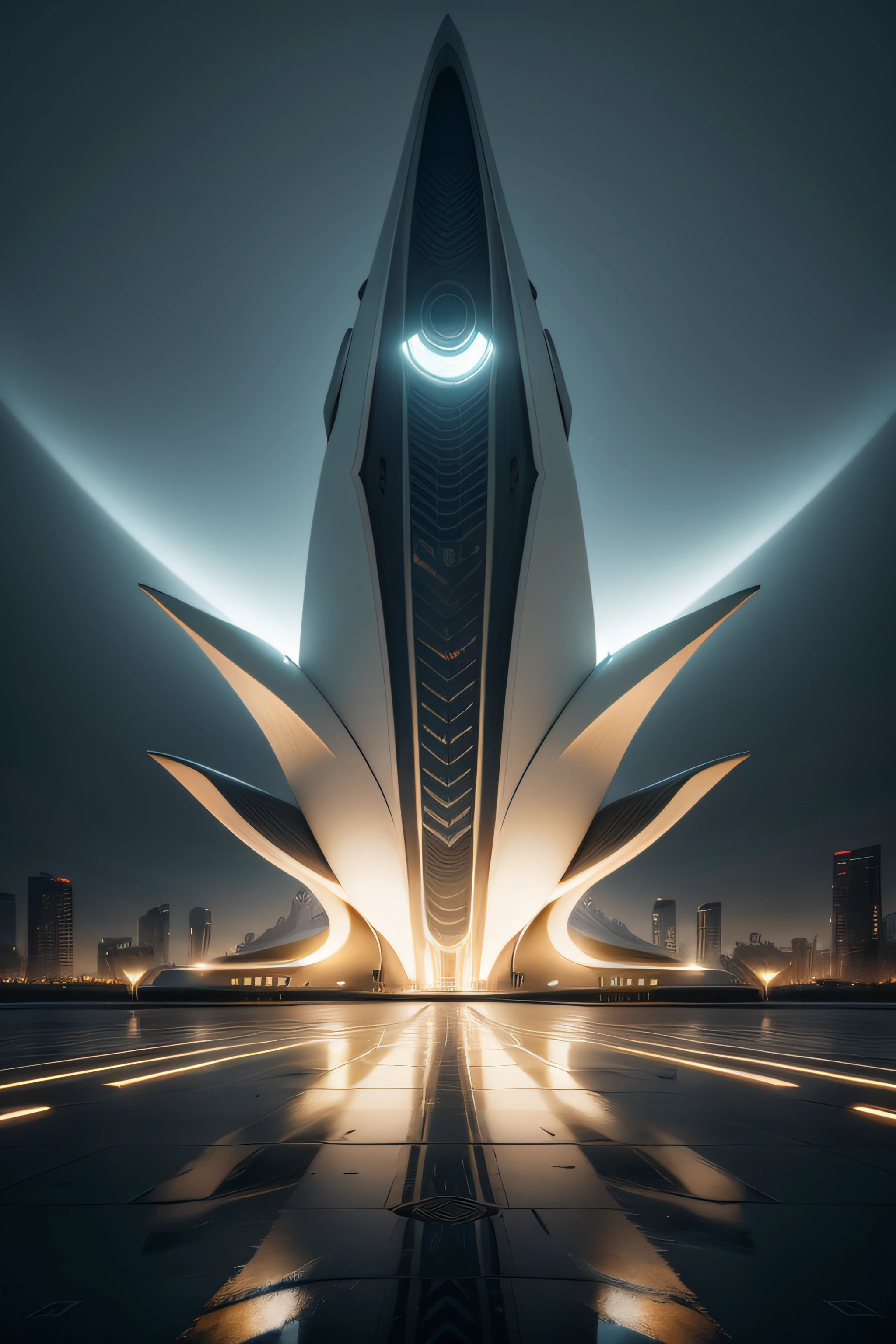 Großes futuristisches Gebäude, inspiriert von The Tulip, Inspiration Zaha Hadid, Viel Glas und LED-Beleuchtung. hängende Gärten. Kinobild, Science-Fiction. 8k