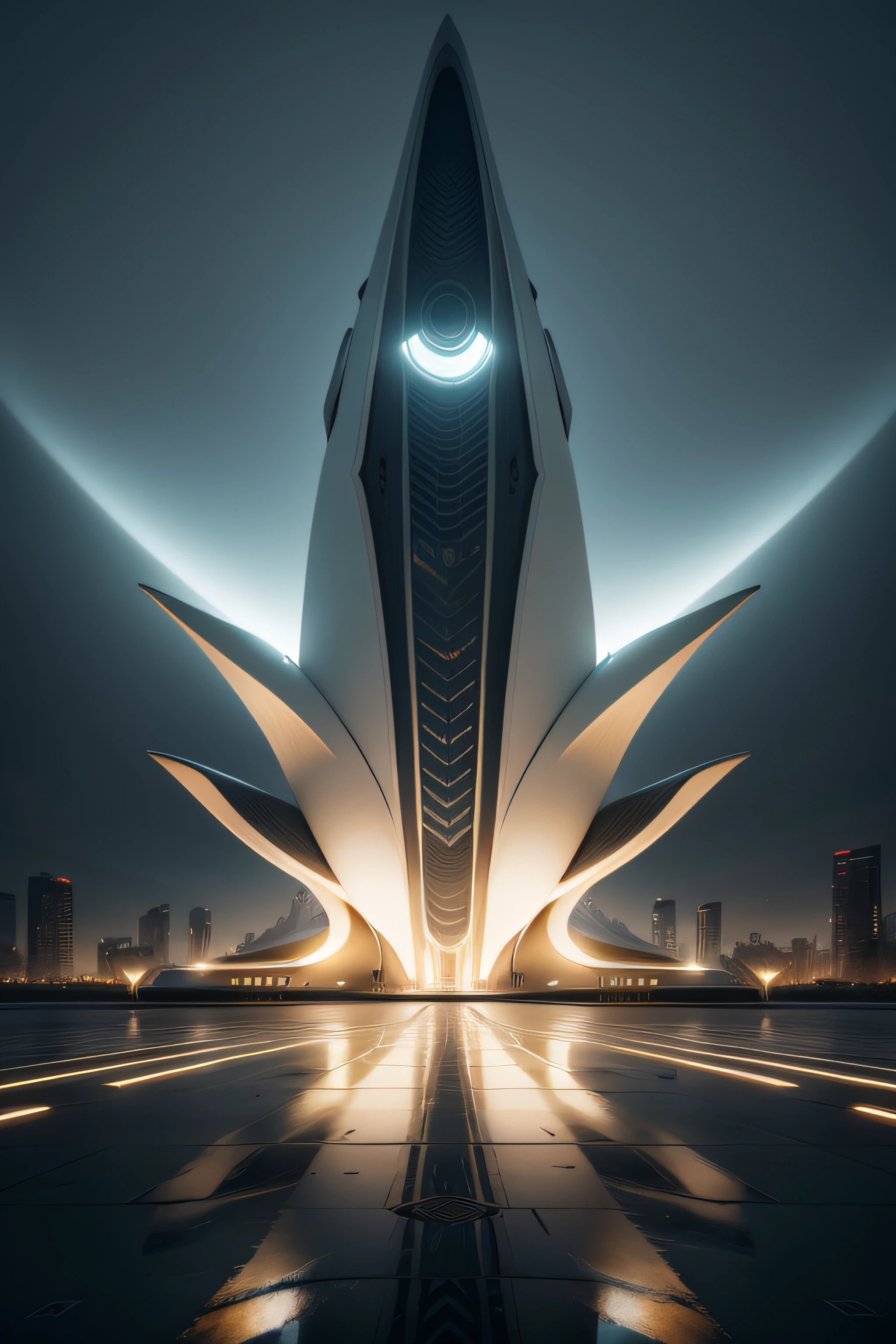 Gran edificio futurista INSPIRADO EN Named The Tulip, inspiración Zaha Hadidi, Mucho vidrio e iluminación LED.. Jardines colgantes. imagen cinematográfica, ficción científica. 8k