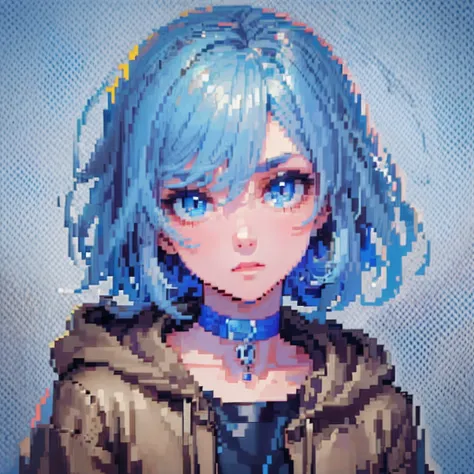 ((the style of pixel art)), pix, 4-bit pixel art, 1 boys close, face only, beige hair, blue hairs, blue eyes,  choker necklace,l...