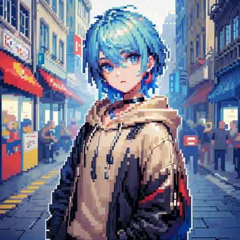 ((the style of pixel art)), pix, 4-bit pixel art, 1 boys close, face only, beige hair, blue hairs, blue eyes,  choker necklace,l...