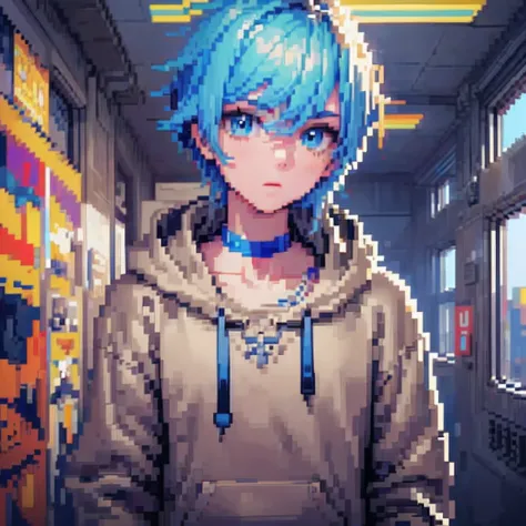 ((the style of pixel art)), pix, 4-bit pixel art, 1 boys close, face only, beige hair, blue hairs, blue eyes,  choker necklace,l...