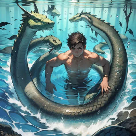 A boy swims at the bottom of the sea，serpent