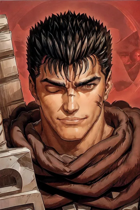 portrait of guts \(berserk\), 1boy, black hair, smiling, teeth, closed mouth, looking at viewer, male focus, one eye closed, red background, scar, scar on face, scar on nose, scarf, short hair, solo, upper body, weapon on back, blood moon, red night, sword...