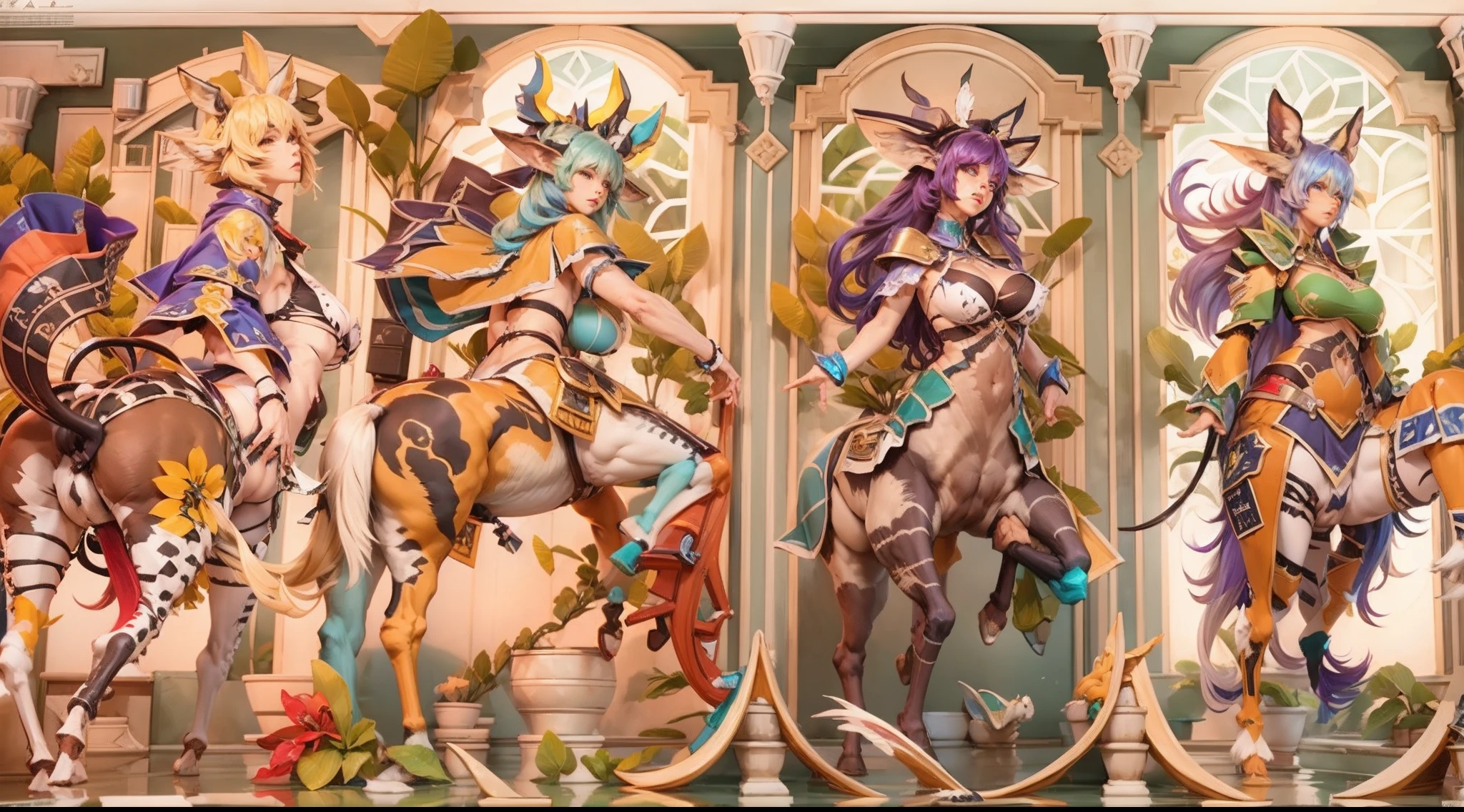 In the beautiful illustration of this super-grand scene，The ultra-long-range lens is shown（Over eight unique centaur characters：9.9），They all have their own characteristics，Vivid and interesting。Radiant angelic centaurs from the heavenly realm，To the hellish centaurs surrounded by nightmarish flames，And then to the Wind Fairy Centaur dancing in the air，There are also one-horned centaurs surrounded by thunder and lightning，and mechanical centaurs that shine with metallic light，And then to the powerful dragon centaur with colored dragon scales covering the whole body，The elegant and agile elf centaur always wears a flower crown with its slender graceful lines，Enchanting and charming Tiflin centaurs。Each character has their own unique charms and abilities。The illustration uses advanced artistic techniques and tools，（Divide the scene into sections by geometric arrangement：9.9），Each section corresponds to a centaur character，This makes more efficient use of space。Through Midjourney's advanced brush tools、Color palette、Material packs and model packs，For each centaur, beautiful props are designed to increase racial characteristics、Clothing and physical features，Enhances the character's personality and visual appeal。The scenery in the illustrations is stunning，There are changing skies、rainbowing、extreme light、Stars and Moon。Incorporating iconic landmarks such as Mount Everest，and fireworks、tranquil lake、Natural and urban elements of waves and neon lights，Creates a magical atmosphere。The centaurs display their unique abilities and equipment in a variety of environments，This is true even in extreme alien landscapes。（Use Midjourney's toolaterial packs、Texture tools、The color palette makes depicting details vivid and realistic：9.9），From complex hairstyles and as well as different racial traits、Body、Appearance features、Clothing to real textures，This greatly enhances the realism of the characters and surroundings。The fusion of multiple art styles adds movement to the centaur's