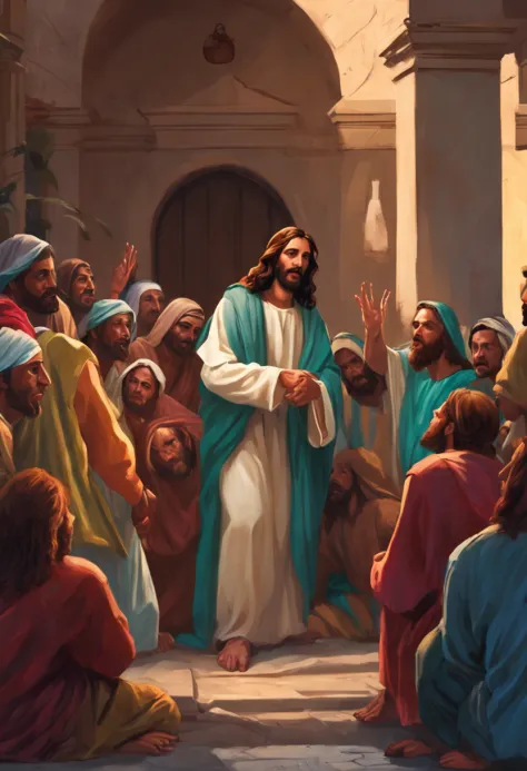 Jesus blessed the sick in the hospital, jesus visitando um hospital com as pessoas ao seu redor, jesus curando um doentes no hospital
