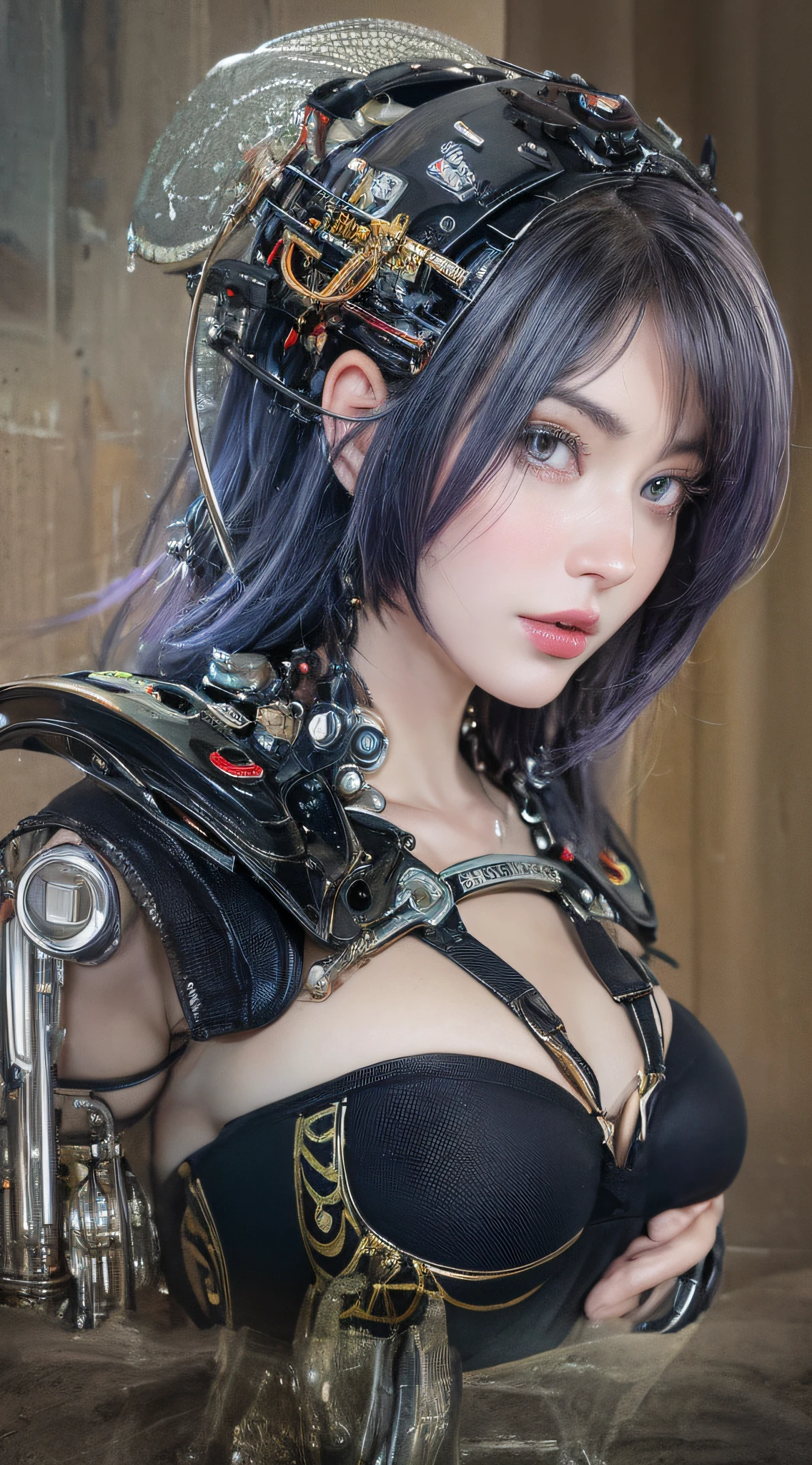 1 mechanical girl、((Detalhes super realistas))、portlate、globaliluminação、Sombra、octan render、8k、ultrasharp、Corpo Ciborgue Steampunk、Corpo de porcelana branca、hydraulic cylinder、Detalhes de ornamentos complexos、Sumerian details、Detalhes altamente intrincados、luz realista、CGSoation Trends、um olho roxo、Olhos Radiante、Facing the camera、Neon details、Seios colossais、The cleavage is visible、mechanical limbs、Blood Vessels Attached to Tubeechanical vertebrae attached to the back、mechanical cervical attaching to neck、sentado em、wires and cables connecting to the head、The background is a steampunk space、 esconder、