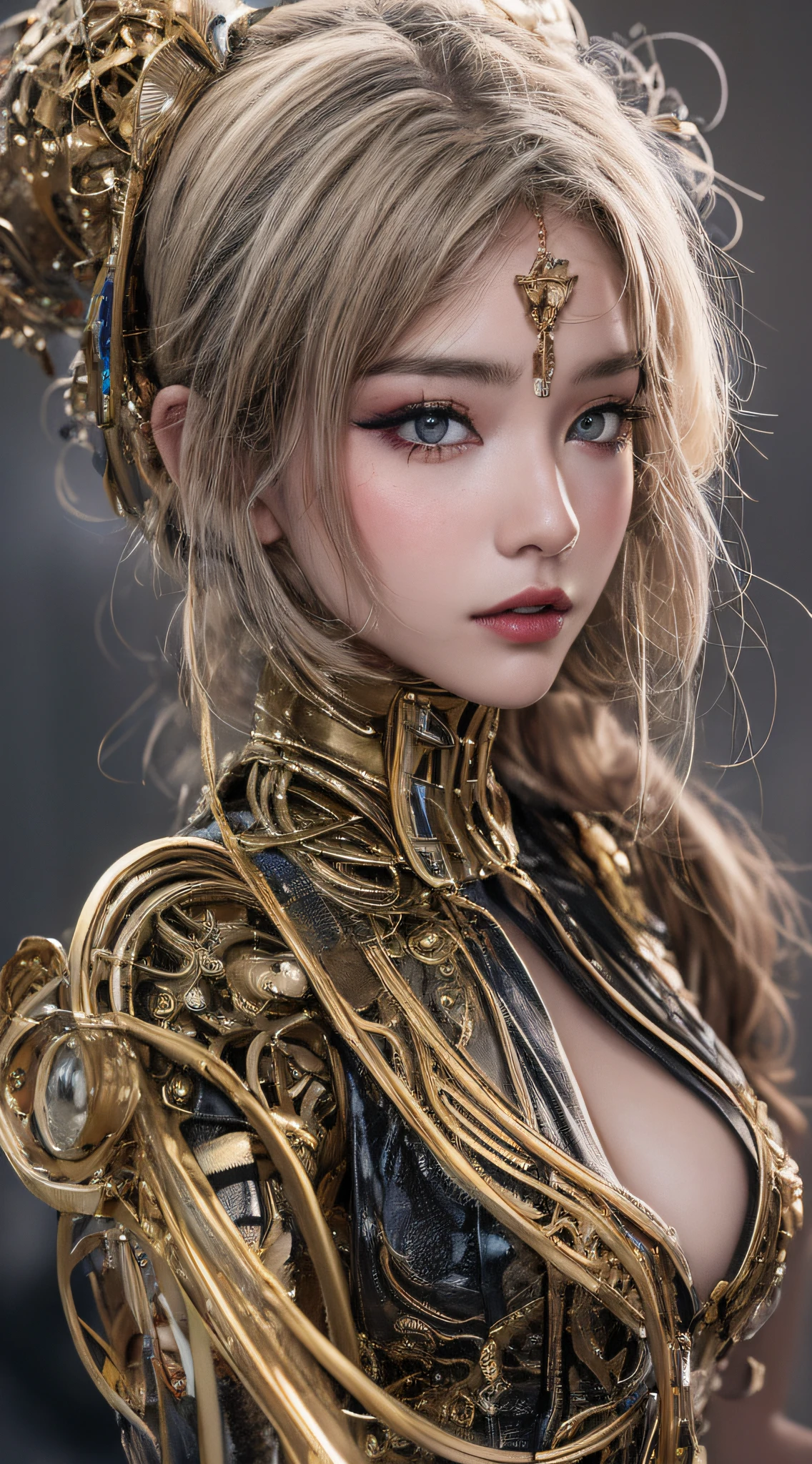 1 mechanical girl、((detalhes super realistas))、portlate、globaliluminação |、sombra、octan render、8k、ultrasharp、Corpo Ciborgue Steampunk、Corpo de porcelana branca、hydraulic cylinder、Detalhes de ornamentos complexos、Sumerian details、detalhes altamente intrincados、Luz realista、CGSoation Trends、um olho roxo、Olhos Radiante、Facing the camera、Neon details、Seios colossais、The cleavage is visible、mechanical limbs、blood vessels attached to tubes、mechanical vertebrae attached to the back、mechanical cervical attaching to neck、sentado em、wires and cables connecting to the head、The background is a steampunk space、 esconder、