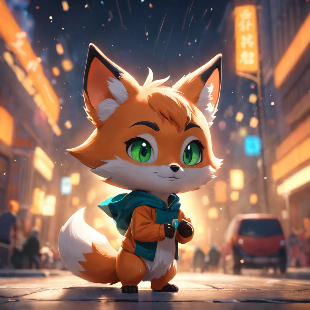 Adorable fox in Pixar movie style, usando um capuz, cinematic lighthing ...