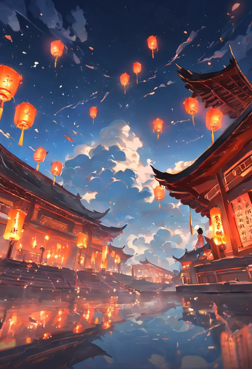 A painting of a japanese temple with lanterns flying in the sky - SeaArt AI