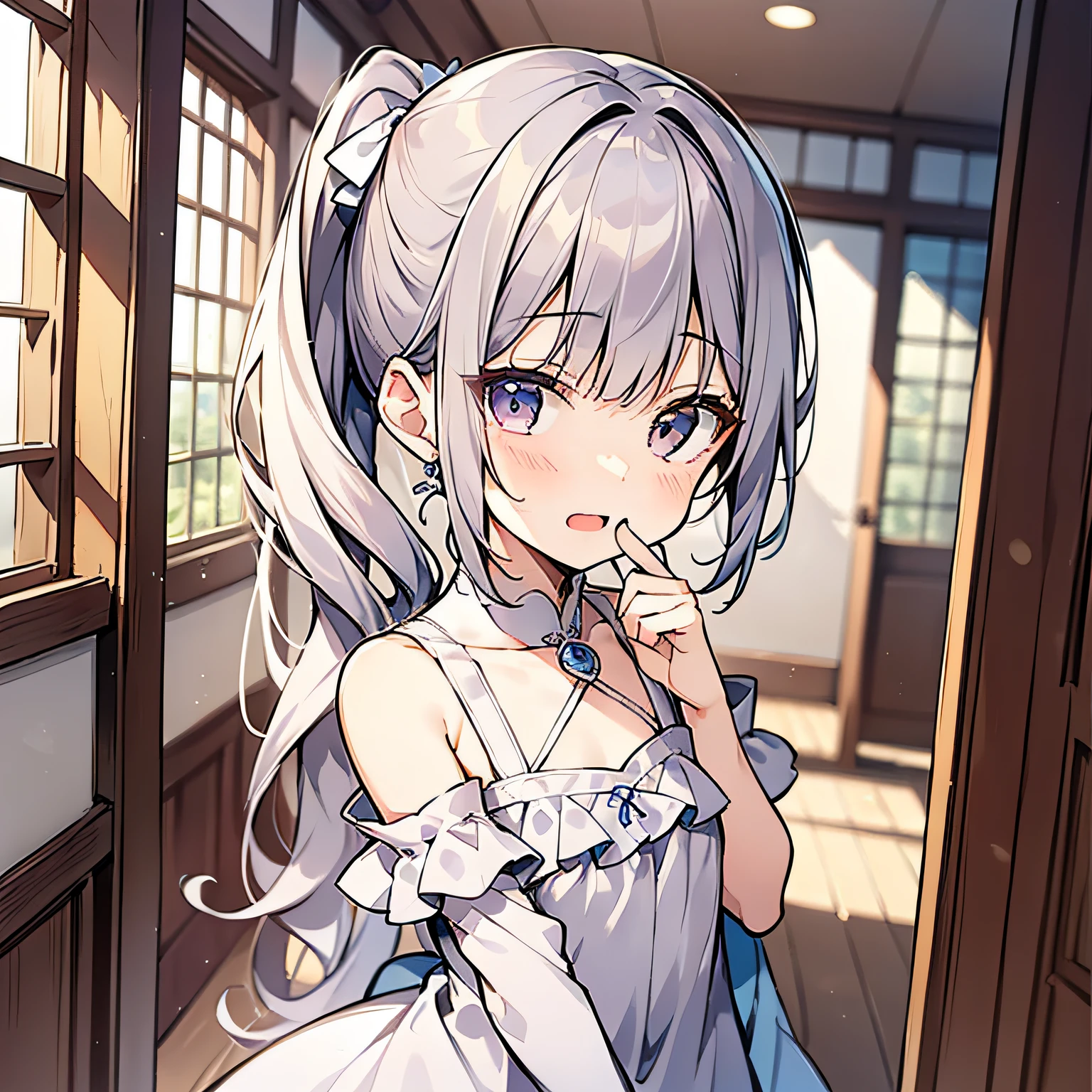 An anime girl around 5 years old，Double ponytail hairstyle 1.5，Long white hair 1.5，Wearing a plain white dress，Stand in the girls' room（Open your mouth and laugh 1.5）（Shy expression 1.5）（The background is in the room in the village：1.5），Anime style 4K，Anime rendering，style of anime，8K fineness，（Upper body display：1.5）（Young little girl：1.3）（Child 1.5）（Cinematic lighting：1.5）（Flat chest 1.5）