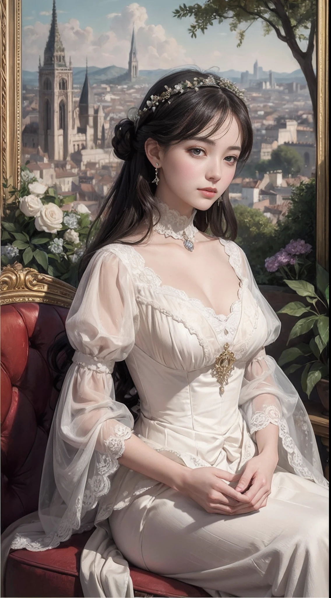 an oil painting、top-quality、​masterpiece、1girll、Dresses from the Belle Époque era、Noble lady、French cityscape