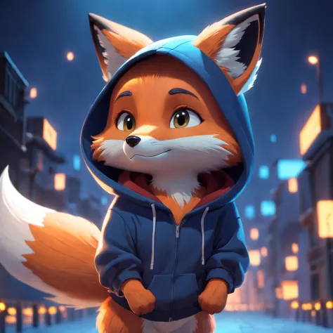 Cute fox in Pixar movie style wearing hoodie , illuminating, Cinematic lighting, 。.3D, borrowed, ultra - detailed, 8K