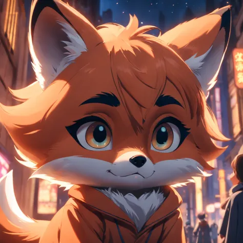Adorable fox in disney movie style, usando um casacp com oculos na frente, cinematic lighthing, Depth detection, hiper detalhada, qualidade 8k.