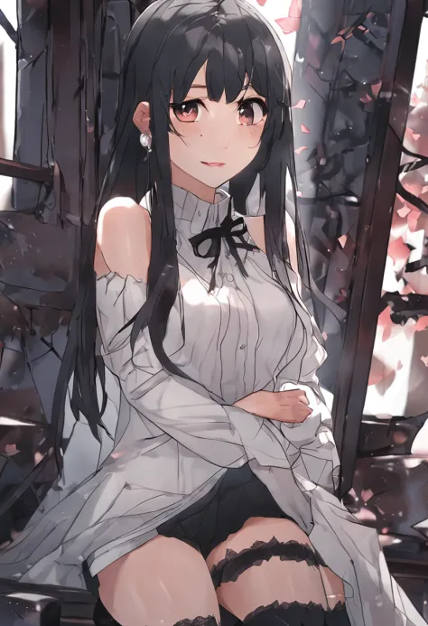 1girl open clothes spread legs black hair long hair small breasts covered  thighhighs