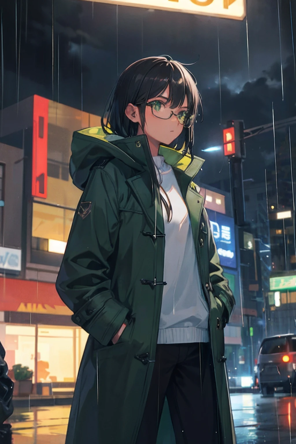 1girl, Brown skin, Night City, rain, coat, hands in pockets, Black hair, Green eyes, Glasses