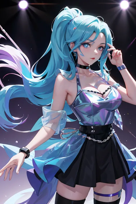 tmasterpiece， Best quality at best， A high resolution， seraphine1， 1girll， 独奏， Blue hair， K/DA\（league of legend\）， Very long hair， O cabelo multicolorido， jewely， pony tails， eBlue eyes， 耳Nipple Ring， shift dresses， a black choker， two tone color hair， Pu...
