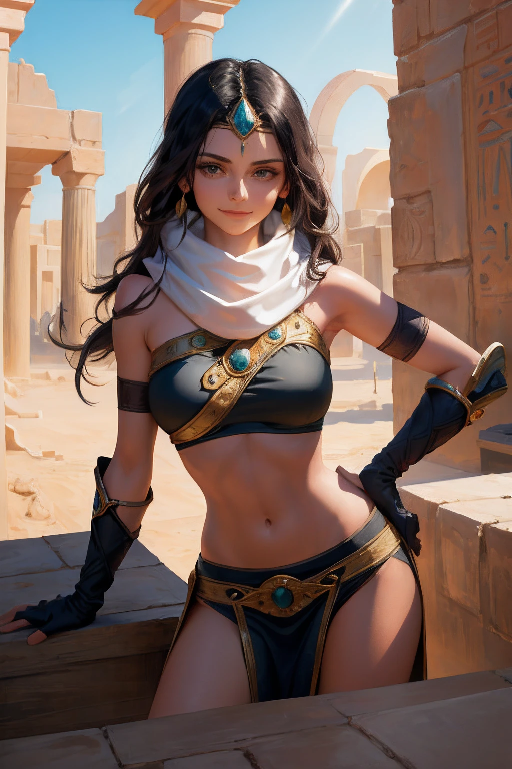 Masterpiece, Best quality, Sewell, circle of the crone, White scarf, Bandeau, mitts, Pelvic curtain, Upper body, Shiny skin, Large breasts, view the viewer, furrowed brows, Smile, Leaning forward, Desert, Egyptian architecture
