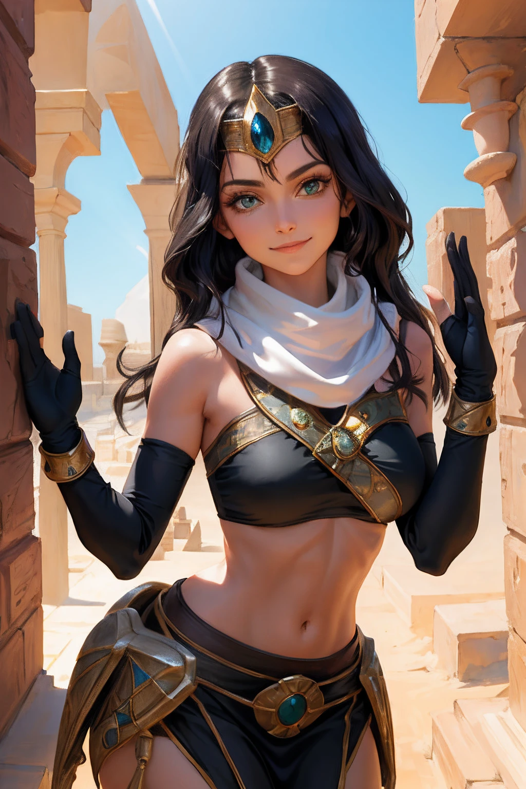Masterpiece, Best quality, Sewell, circle of the crone, White scarf, Bandeau, mitts, Pelvic curtain, Upper body, Shiny skin, Large breasts, view the viewer, furrowed brows, Smile, Leaning forward, Desert, Egyptian architecture