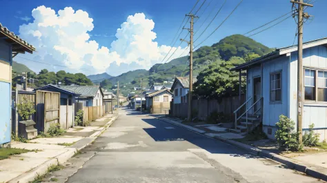 the sky is blue,in the style of lo-fi aesthetics,kishin shinoyama,watercolor,seaside scenes,rural life scenes,colorful sidewalk ...
