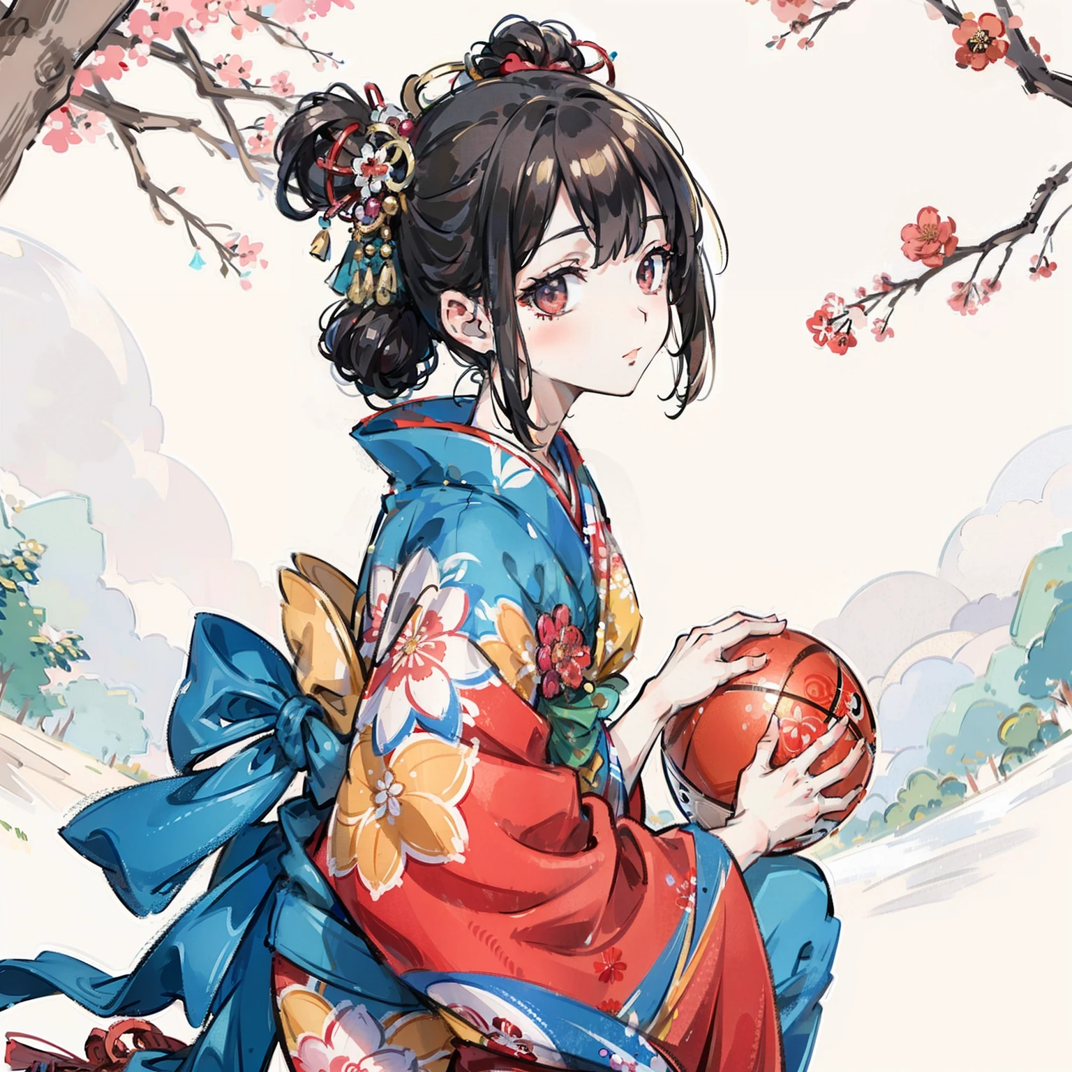 masterpiece, high quality, wearing a kimono, play with the ball, under a tree, (Highest image quality 8K)