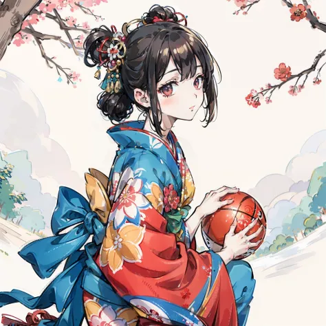 masterpiece, high quality, wearing a kimono, play with the ball, under a tree, (highest image quality 8k)