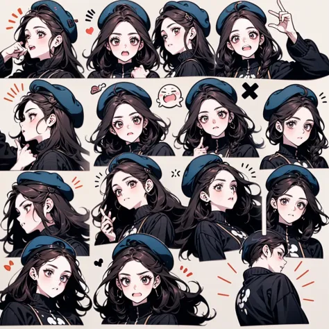 Cute girl avatar，Emoji pack，（beret），(9 emojis，emoji sheet of，Align arrangement)，9 poses and expressions（grieves，astonishment，having fun，exhilarated，big laughter，Angry，doubt，Touch your head，Sell moe, wait），Anthropomorphic style，Disney style，Black strokes，Di...