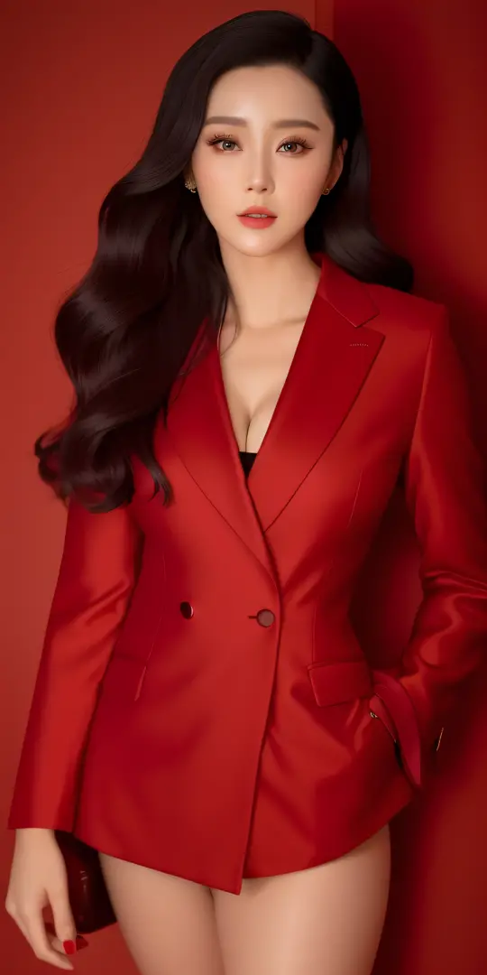 a close up of a woman in a red suit posing for a picture, Fan Bingbing, Red suit, wearing a black and red suit, Li Bingbing, dominating red color, rich red, wearing red jacket, Red jacket, Lee Ji-eun, lee ji eun, shaxi, jia, park jimin, hwang se - on