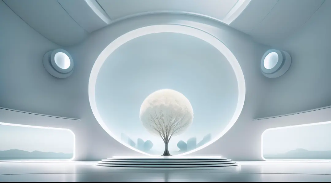 Futuristic minimalist white sci-fi studio，There is a large glass podium in the center of the stage，There is a tree of souls on each side，On the distant wall is a giant AI brain, first person perspective，wide wide shot，in a panoramic view，35mm，highlight，hig...